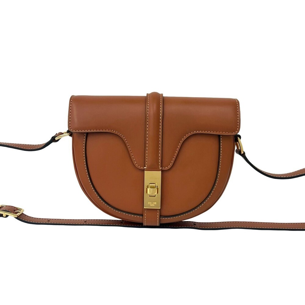 CELINE 16 Seize Besace Logo Hardware Leather Mini Shoulder Bag Pochette Brown...